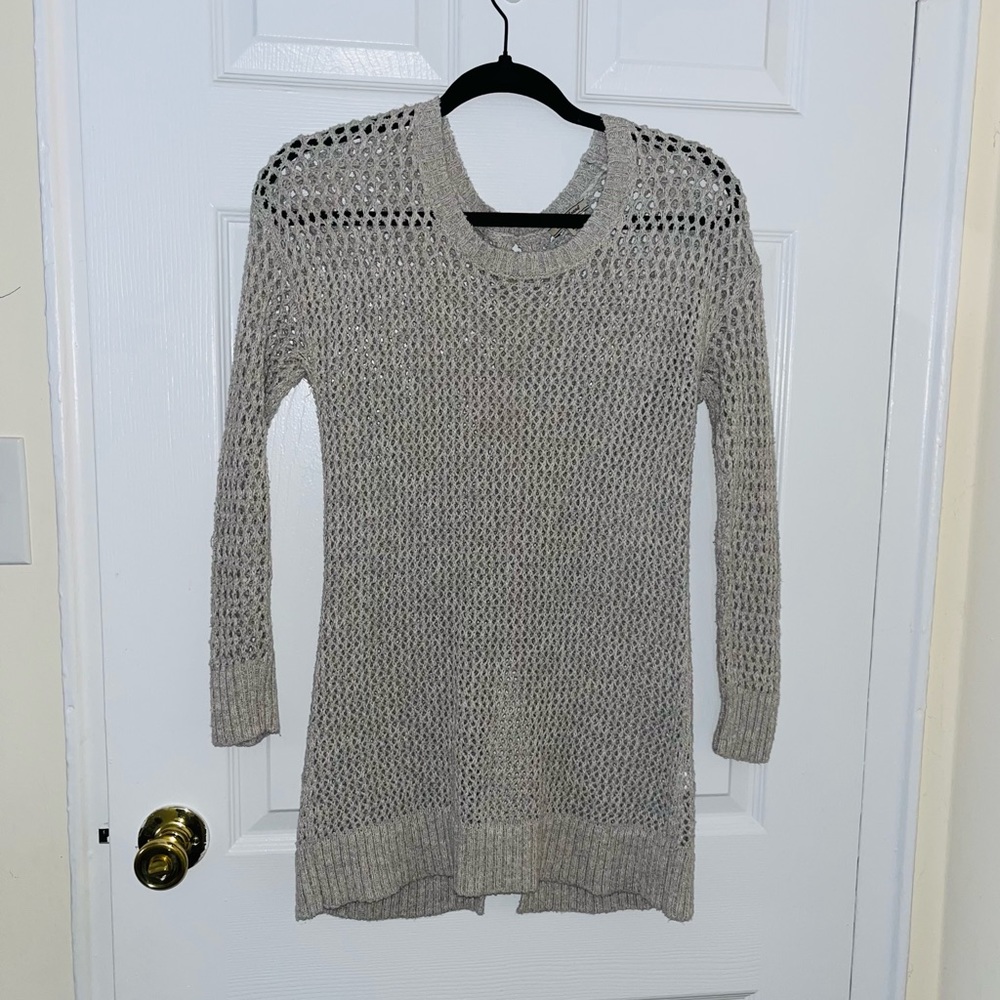 Lucky Brand Gray Women’s XS Open Knit Scoopneck Sweater with Cross-stitch back